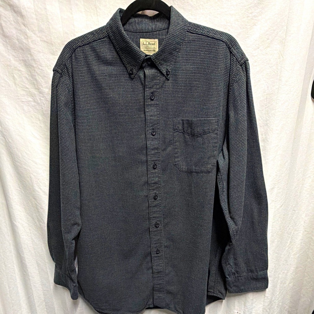 L.L.Bean Shirt Mens L Traditional Fit Gray Houndstooth Flannel Button-Down LS